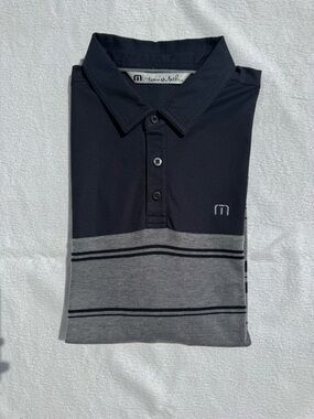 Travis Mathew Men's Black and Gray Striped Polo L